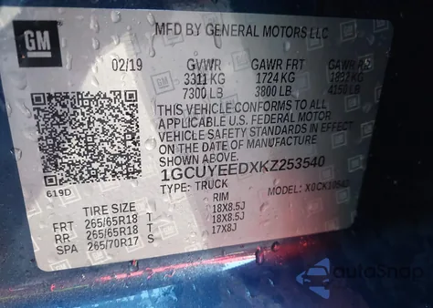2019 Chevrolet Silverado 1500 Rst from USA, damaged, VIN 1GCUYEEDXKZ253540